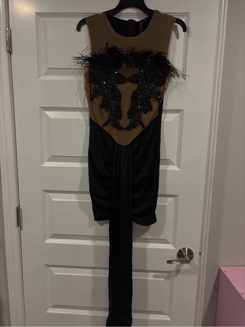 Two-Tone Feather & Beaded Cocktail Dress - Black & Brown